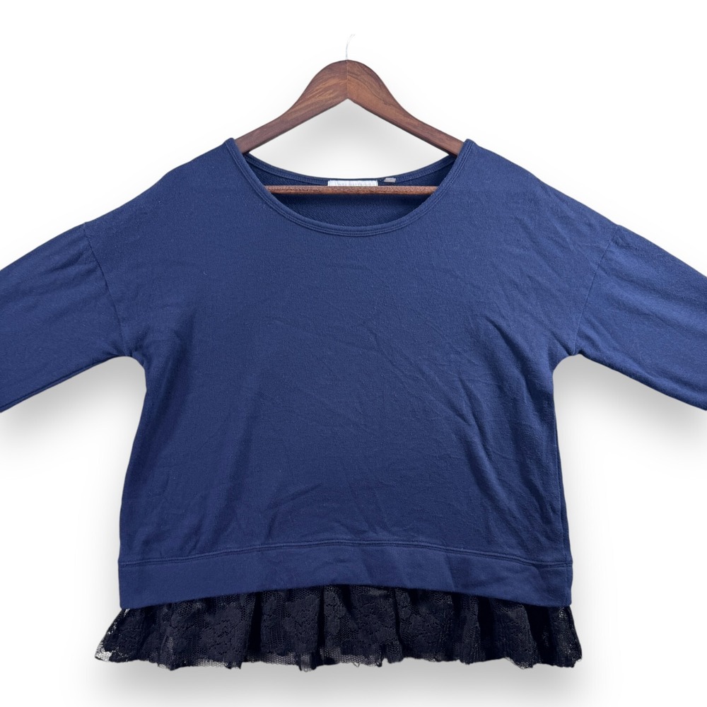Linda Mathews Navy Blue Long Sleeve Lace Trim Pullover Tunic Sweater Womens L